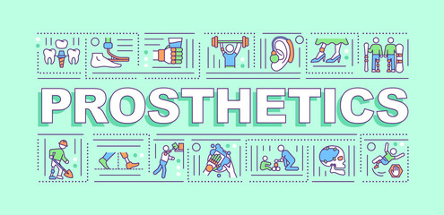 Prosthetics word concepts banner. Dealing with people body parts disabilities. Infographics with linear icons on mint background. Isolated typography. Vector outline RGB color illustration