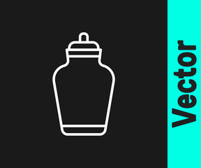 White line Funeral urn icon isolated on black background. Cremation and burial containers, columbarium vases, jars and pots with ashes. Vector