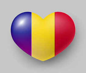 Fototapeta premium Heart shaped glossy national flag of Romania. European country national flag button, Symbol of Rumania in patriotic colors realistic vector illustration on gray background