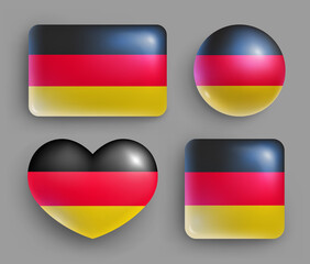 Glossy buttons with Germany country flags set. European country national flag shiny badges of different shapes. German symbol in patriotic colors realistic vector illustration on gray background