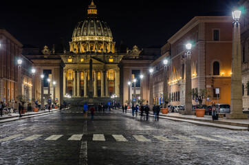 Fototapeta na wymiar Rome Italy, night view at St Peter's Basilica, one of the largest churches in the world located in Vatican city.