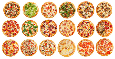 Isolated assorted variety of pizzas collage menu design on the white background