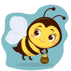 Obraz premium Cute character bee is flying and holding a pot of honey. Cartoon style, vector