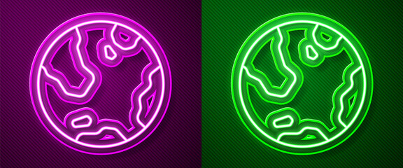 Glowing neon line Earth globe icon isolated on purple and green background. World or Earth sign. Global internet symbol. Geometric shapes. Vector