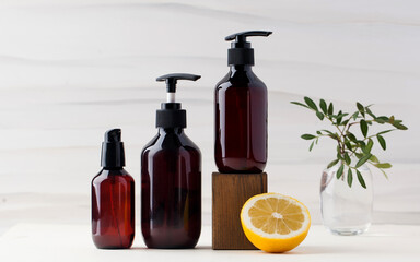 Bottles with eco-friendly detergent for washing dishes or natural washing of fruits and vegetables