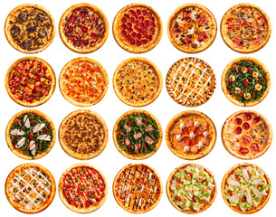 Isolated assorted variety of pizzas collage menu design on the white background