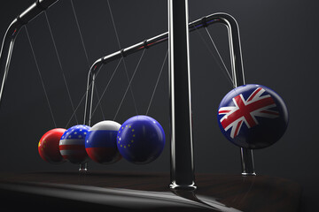 Newton's cradle. Balls with state symbols: Great Britain, European Union, Russia, USA, China