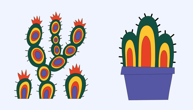vector cactus sticker - in a pot and in the desert. Funky groove mexico isolated cactus. Wild west and hippy 60s and 70s. Vintage summer tattoo template.