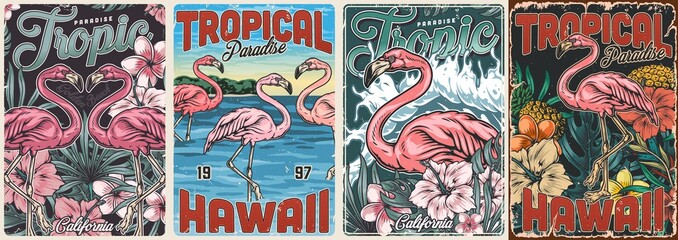 Tropical vintage colorful posters set - obrazy, fototapety, plakaty