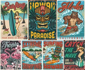 Surfing vintage colorful posters composition