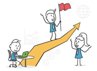 Stick man business leader. Concept of businessman guiding his colleagues to success