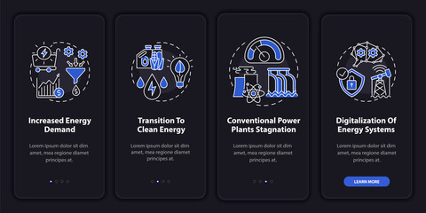 Energetics tendency onboarding mobile app page screen with concepts. Clean energy transition walkthrough 4 steps graphic instructions. UI, UX, GUI vector template with linear night mode illustrations