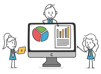 Stick coworkers analyze results graph diagram. Concept of colaborators coworkers interpreting graphs and statistics