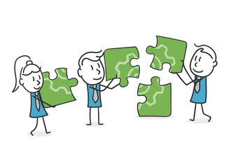 Business stick people work together. Concept of coworkers cooperate to solve a problem