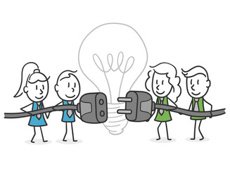 Business stick people come together to generate better ideas. Concept of collaboration between groups of entrepreneurial people with original ideas