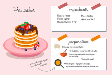 Pancake recipe with ingredients and step by step instructions. Cookbook, menu. Easy to prepare. Cookery for children