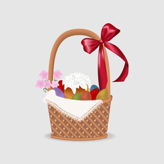 Fototapeta na wymiar Illustration of basket full of colorful decorated easter eggs and cake on a white isolated background.