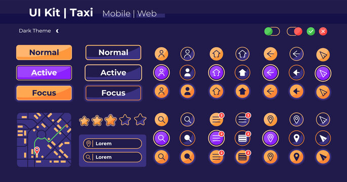 Taxi app UI elements kit. User profile settings for ride order isolated vector icon, bar and dashboard template. Web design widget collection for mobile application with dark theme interface