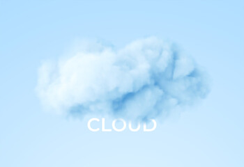 Realistic white fluffy cloud isolated on blue background. Cloud sky background for your design. Vector illustration