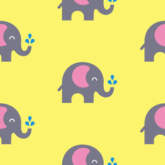 Grey elephants with pink ears and blue drops of water on yellow background, cute illustration, seamless pattern 