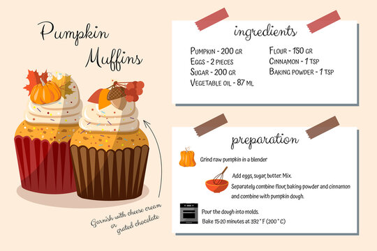 Pumpkin muffin recipe with ingredients and step by step instructions. Cookbook, menu. Easy to prepare. Cookery for children, home cooking.