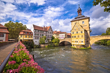 Bamberg. Scenic view of Old Town Hall of Bamberg (Altes Rathaus) with two bridges over the Regnitz...
