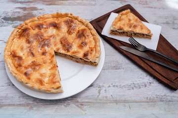 Empanada Gallega, traditional plant of Galician cuisine, in Spain, Tart with tuna and vegetables.