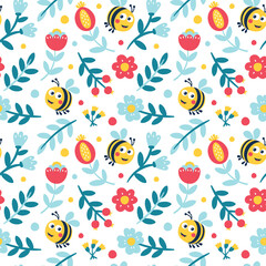 Seamless cute vector spring floral pattern with flowers, plants, branches, leaves, nature and bee