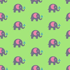 Grey elephants with pink ears and blue drops of water on green background, cute illustration, seamless pattern 