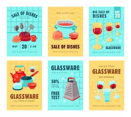 Sale brochure designs with kitchen utensils. Bright promotion for shop or store with all types of dishes. Kitchen tools, shopping concept for advertising leaflet or promotional flyer