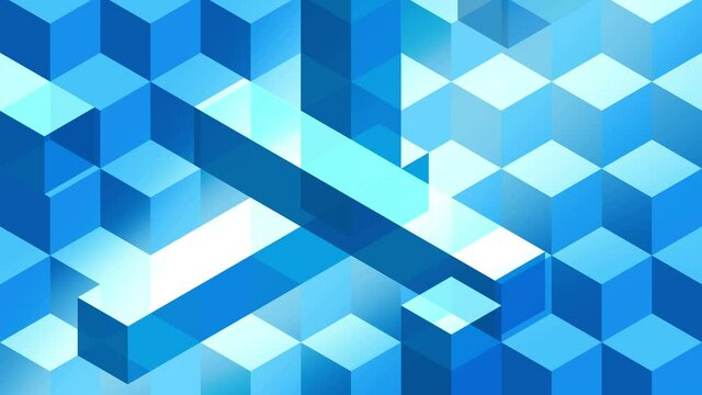 Blue cubes and bars abstract animation for background, looped seamless. Isometric perspective, hypnotic and elegant, with transparency effects.