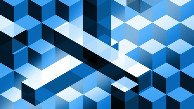 Abstract animation for background, with black, blue and white cubes and bars. Looping seamless. Isometric perspective, hypnotic and elegant, with transparency effects.