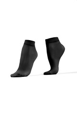 Subject shot of black nylon semi-opaque socks with reinforced toes and rims. The photo is made on the white background.