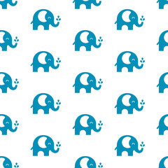 Blue elephants with transparent ears and eyes, with drops of water, on white background, cute illustration, seamless pattern 