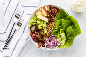 Top down view of a Waldorf salad bowl ready for eating.