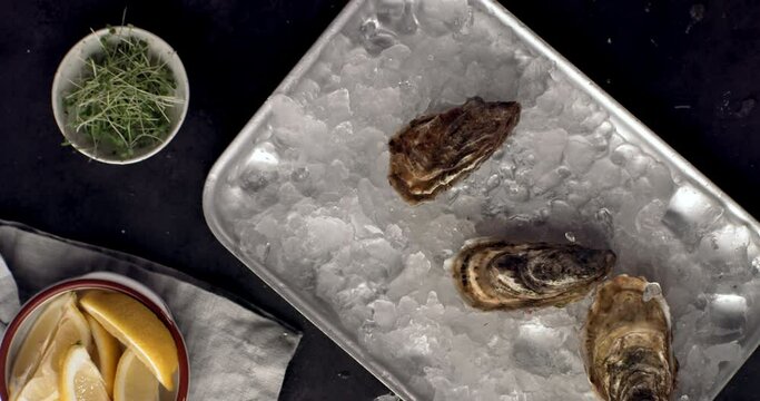 SUPER SLOW MOTION Overhead view of three closed oysters falling into dish filled with ice. Shot with high speed camera, 420 FPS