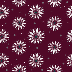 white edelweiss flower on burgundy background seamless vector pattern. floral print on dark background