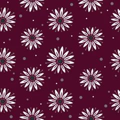 Fototapete Bordeaux Weiße Edelweiss-Blume auf weinrotem Hintergrund, nahtloses Vektormuster. Blumendruck auf dunklem Hintergrund