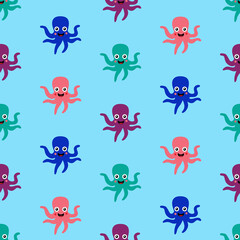 Pink, violet, blue and turquoise octopuses, cheerful and smiling, on blue background, seamless pattern 