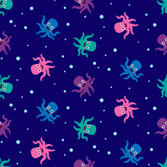 Pink, violet, blue and turquoise octopuses, cheerful and smiling, with bubbles on dark blue background, seamless pattern 