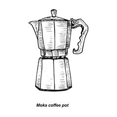 Moka coffee pot, gravure style ink drawing illustration with handwritten inscription