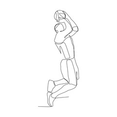Single continuous line drawing of male young basketball athlete player in action jumping shot on court