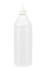 White plastic bottle with narrow tip for glue or other liquid, no label isolated on white background.
