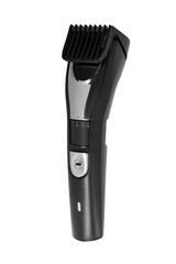Rechargeable black hair clippers with nozzle side view. Shearer isolated on white background
