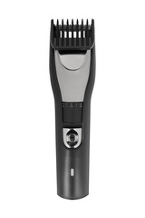 Barber black hair clipper with nozzle front view isolated on white background