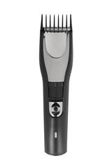 Barber black hair clipper with nozzle front view isolated on white background
