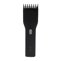 Hair clippers of black color with nozzle front view isolated on white background