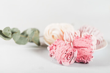 Appetizing multi-colored zephyr on a plate against a white background. Tea drinking concept. Confectionery decoration. Place for text