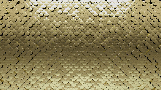 Luxurious, 3D Wall background with tiles. Fish Scale, tile Wallpaper with Gold, Polished blocks. 3D Render