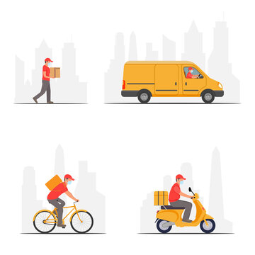 Set delivery service. Man riding a bicycle, car, scooter.